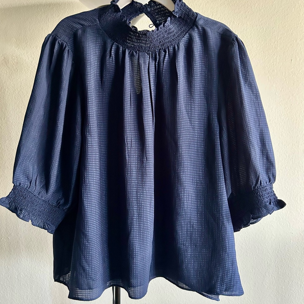 1. State Navy Blue Textured Blouse
